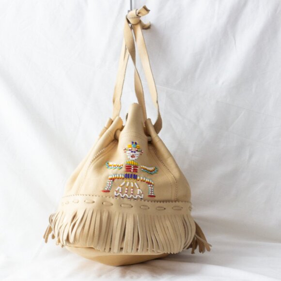 Vgt Native American Beaded Hopi Kachina Medium Leather Bucket Handbag Purse Bag - Picture 2 of 7